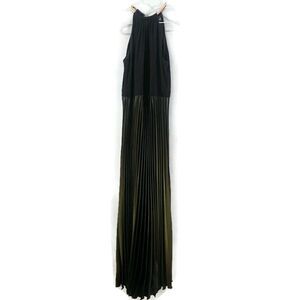 Xscape By Joanna Chen Gold Chain Neck Black Halter Pleated Green Satin Gown - 6